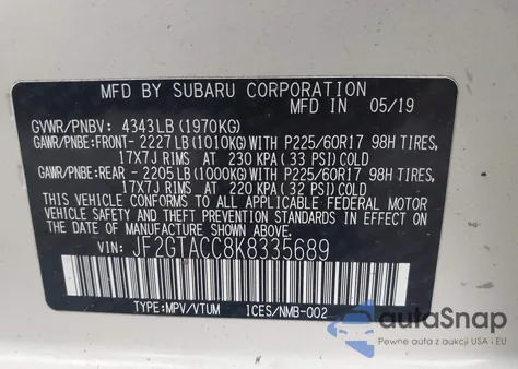 2019 Subaru Crosstrek 2.0I Premium z USA, uszkodzony, nr VIN JF2GTACC8K8335689